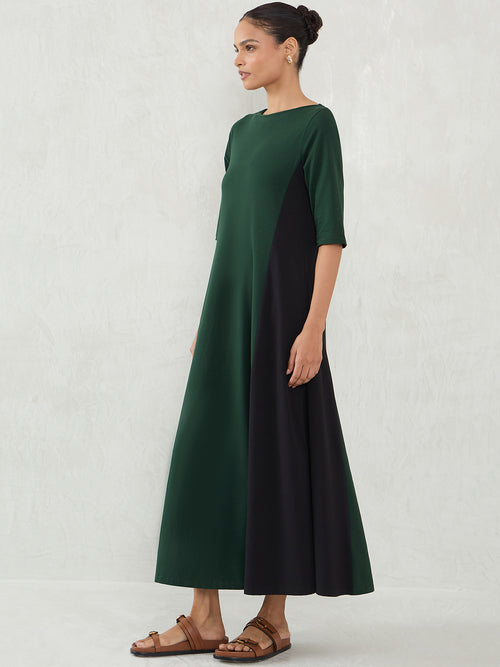 Green And Black Cotton Knit Colorblock Maxi Dress