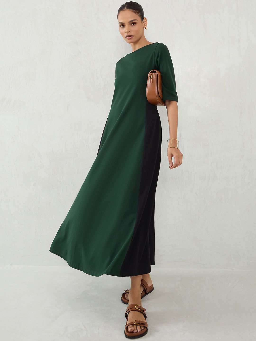 Green And Black Cotton Knit Colorblock Maxi Dress