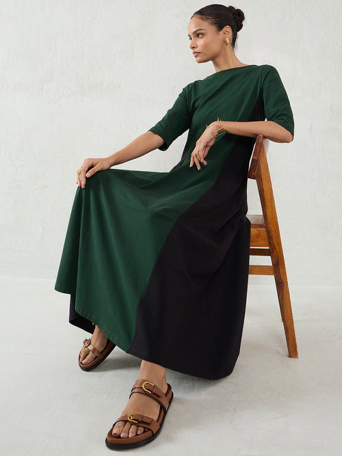 Green And Black Cotton Knit Colorblock Maxi Dress