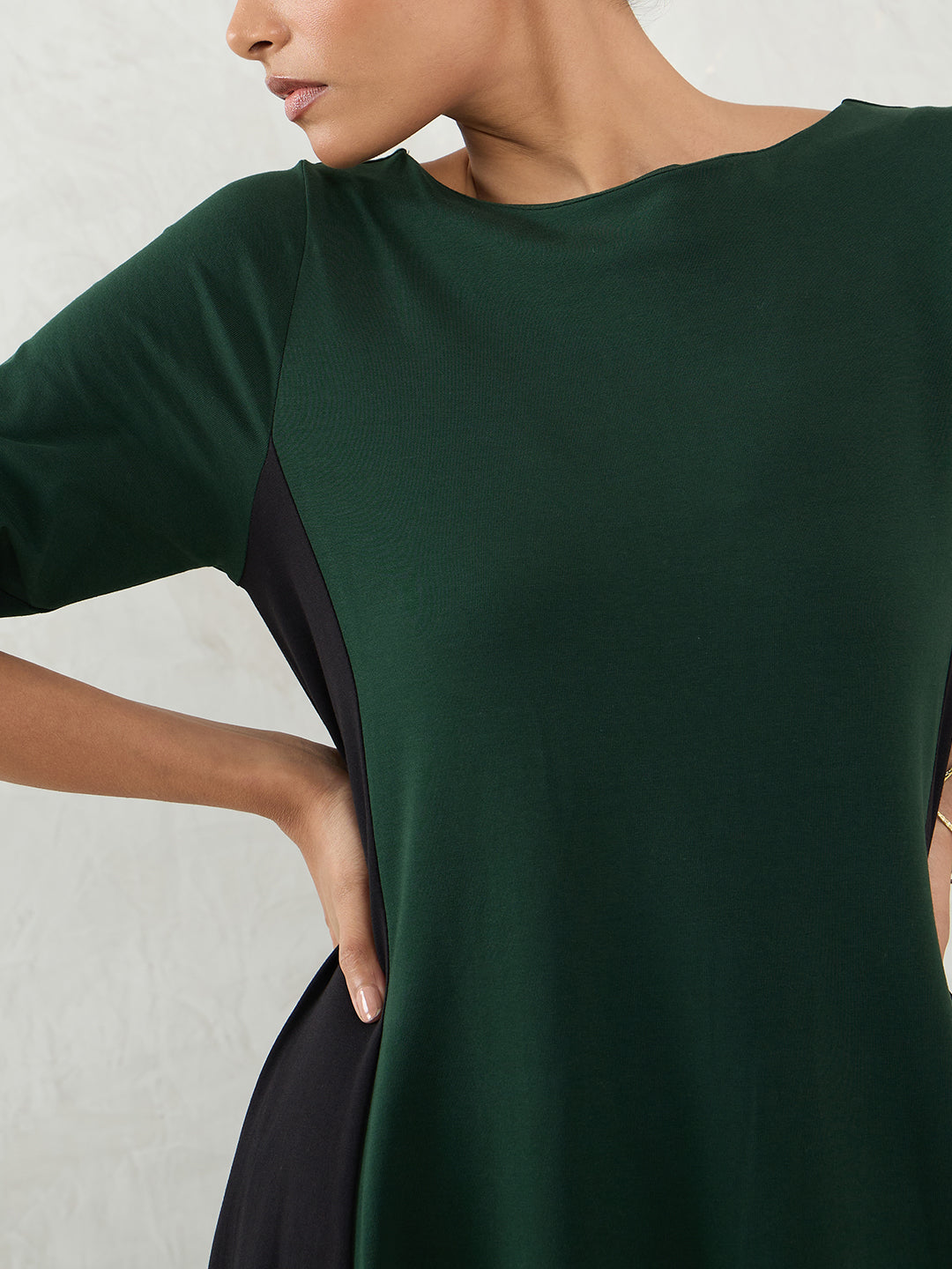 Green And Black Cotton Knit Colorblock Maxi Dress