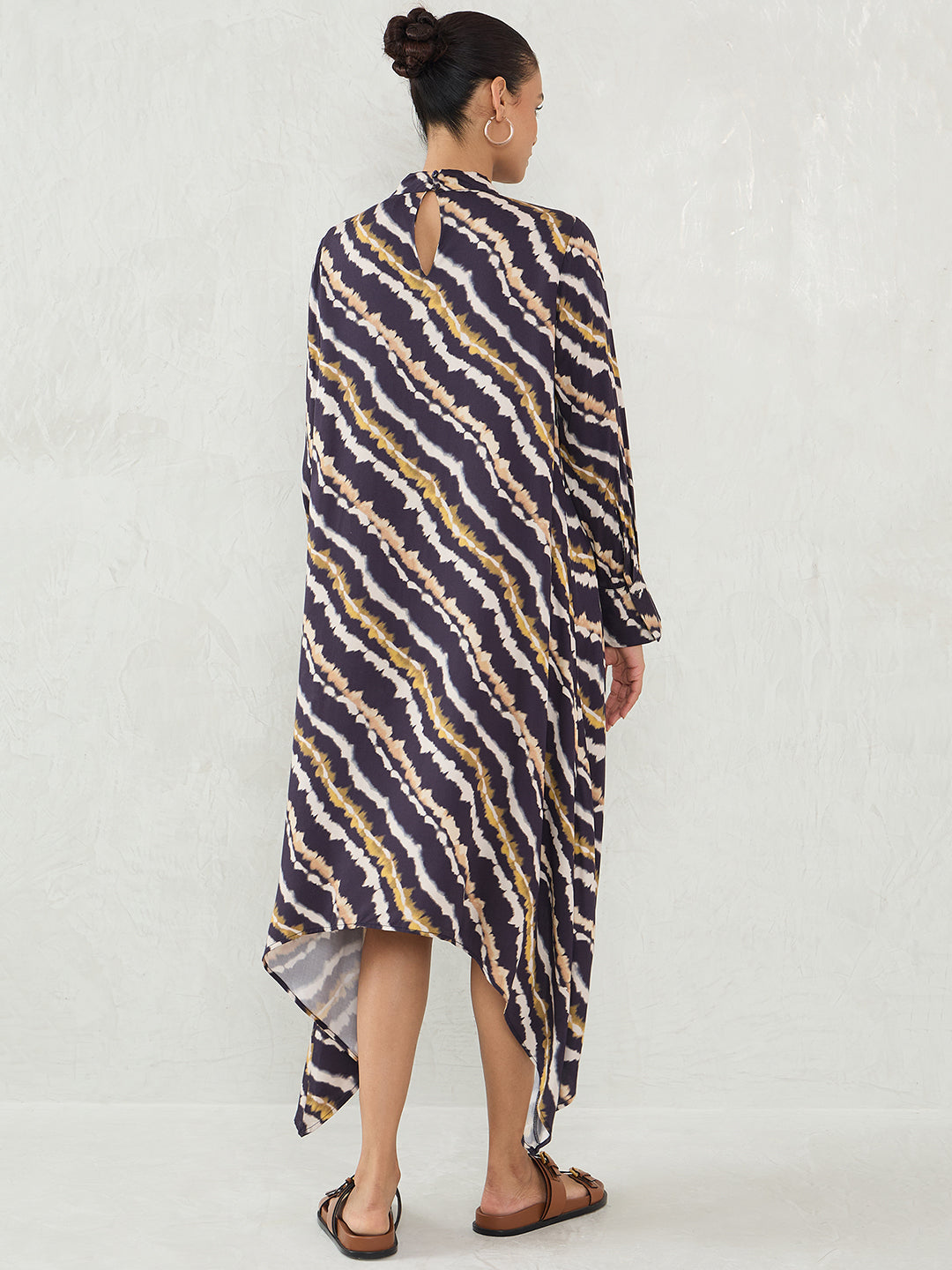 Black Abstract Print Asymmetric Midi Dress