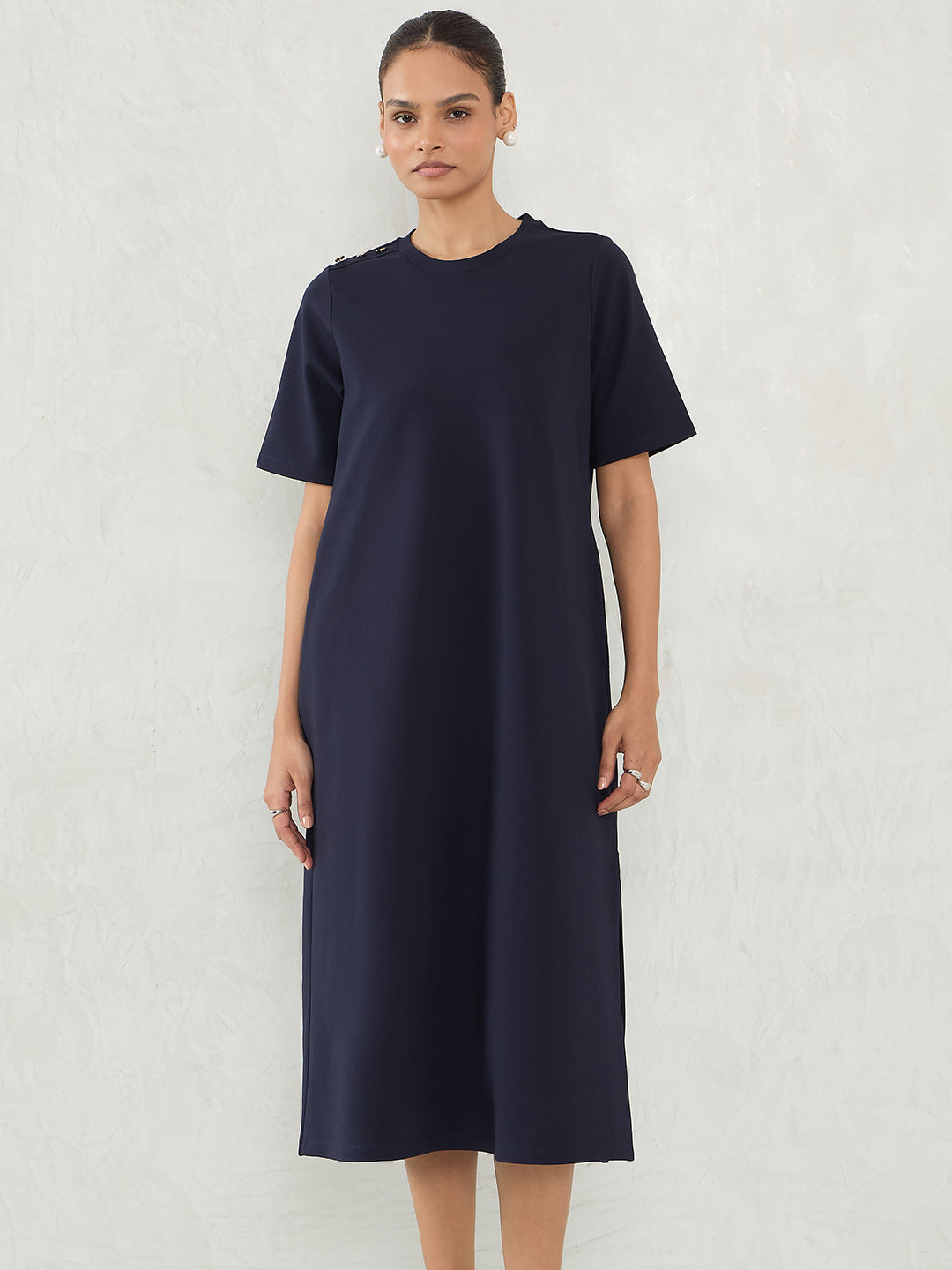 Navy Knit Slit Detail Midi Dress