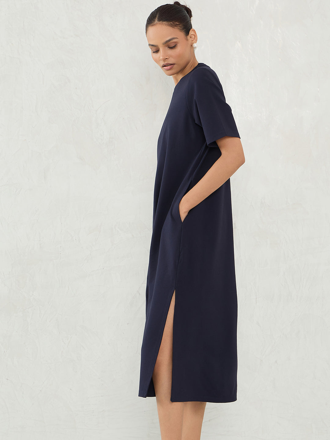 Navy Knit Slit Detail Midi Dress