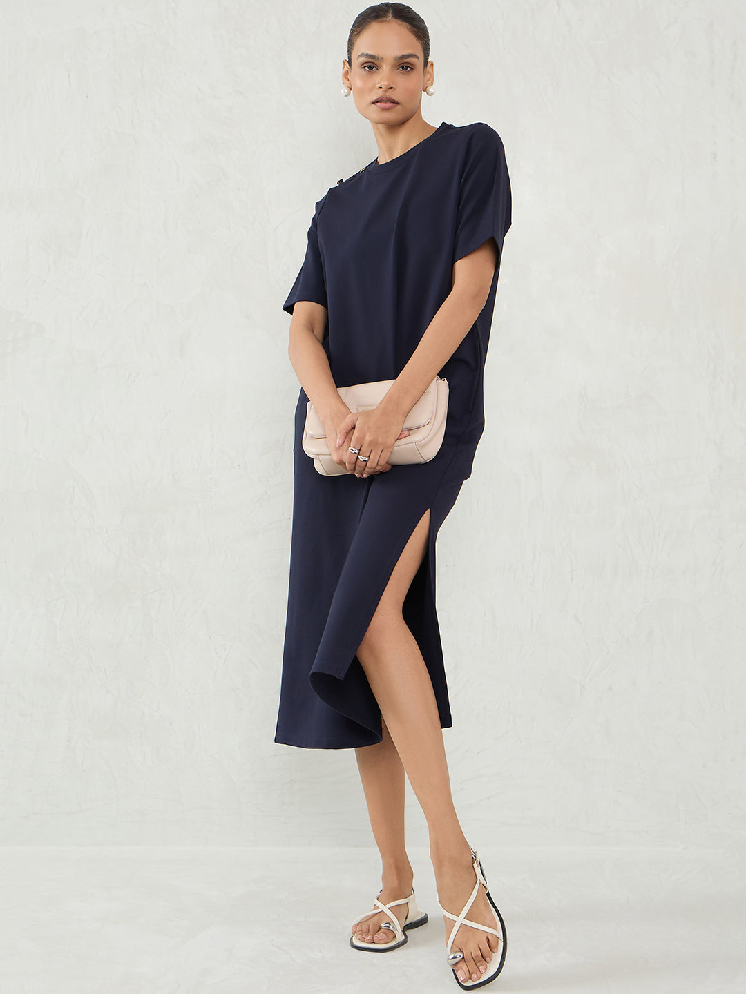 Navy Knit Slit Detail Midi Dress
