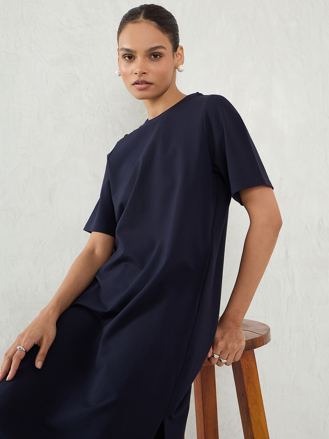 Navy Knit Slit Detail Midi Dress