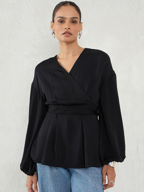 Black Satin Wrap Cinched Waist Top