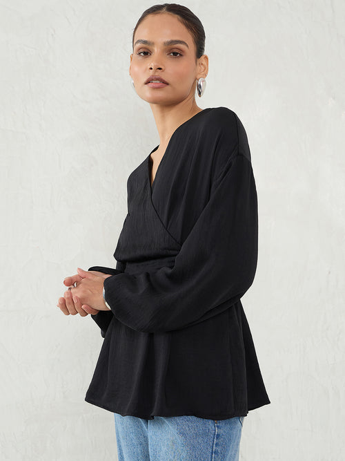 Black Satin Wrap Cinched Waist Top