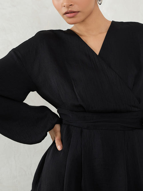 Black Satin Wrap Cinched Waist Top