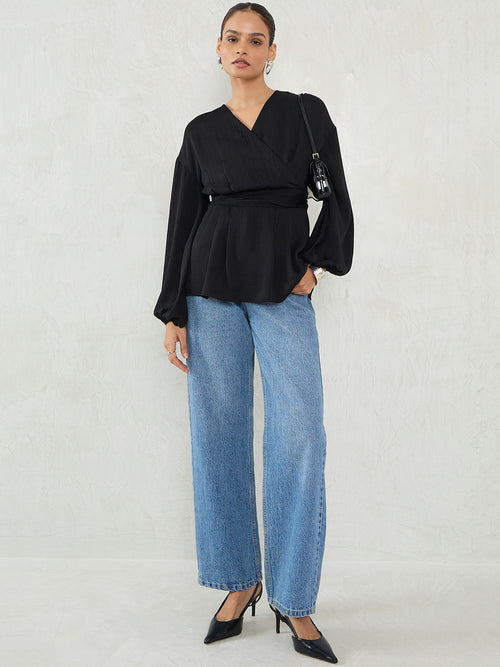 Black Satin Wrap Cinched Waist Top