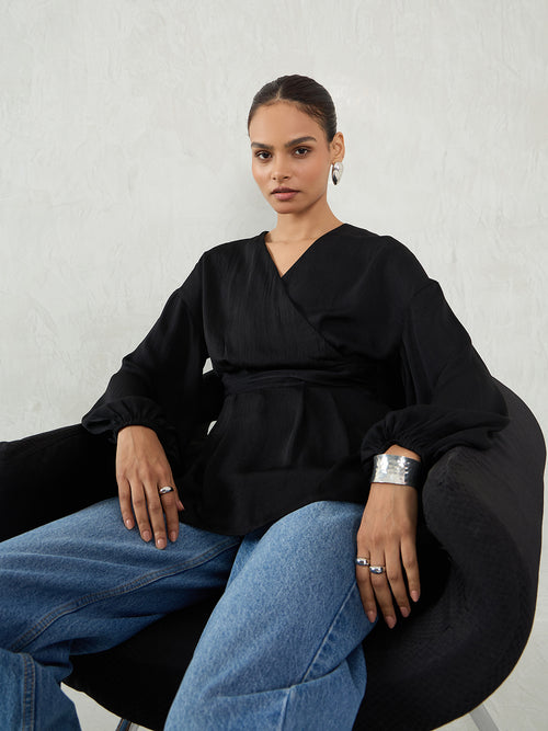 Black Satin Wrap Cinched Waist Top
