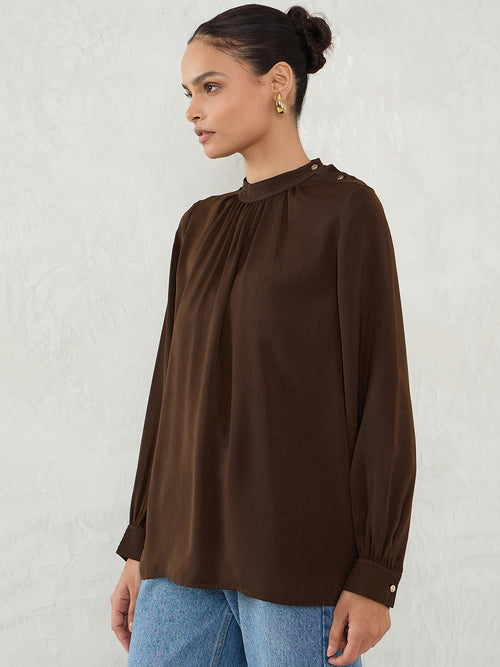 Coffee Brown Satin Button Detail Top