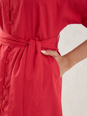Red Poplin Shirt Midi Dress