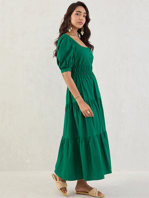 Green Poplin Smocked Maxi Dress