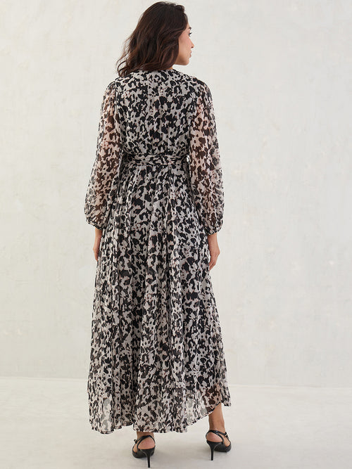 Black Abstract Print Wrap Maxi Dress