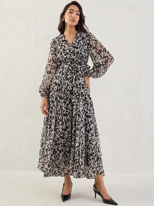 Black Abstract Print Wrap Maxi Dress