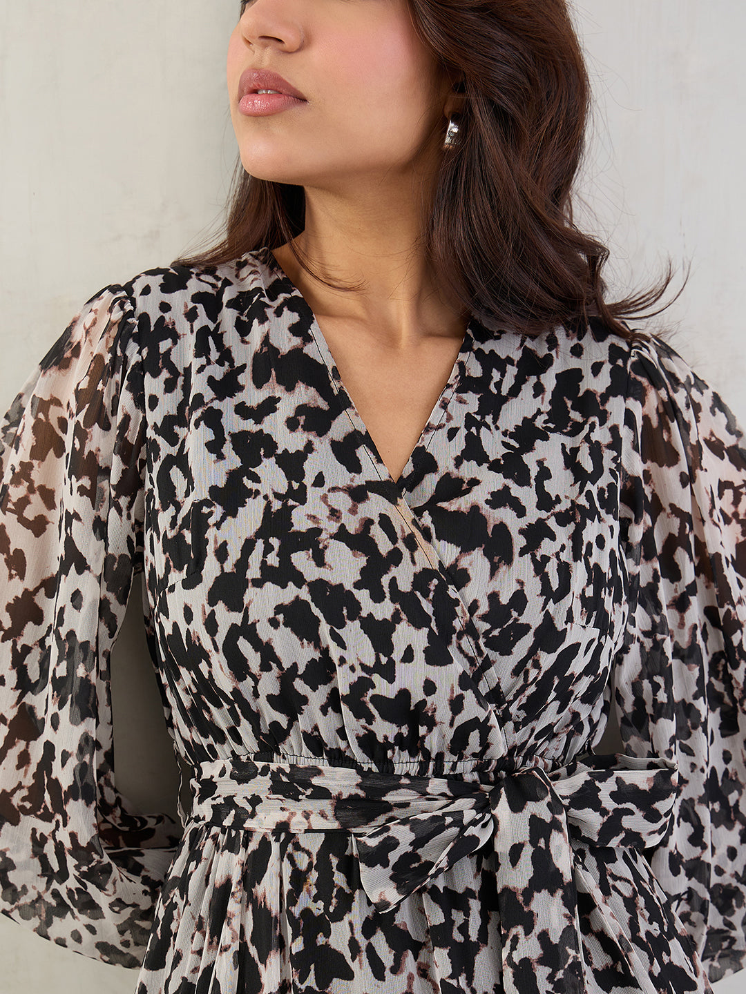 Black Abstract Print Wrap Maxi Dress