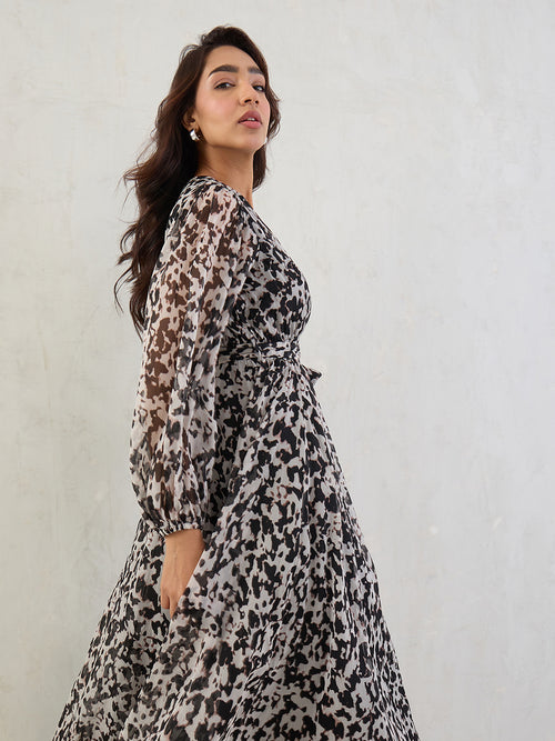 Black Abstract Print Wrap Maxi Dress