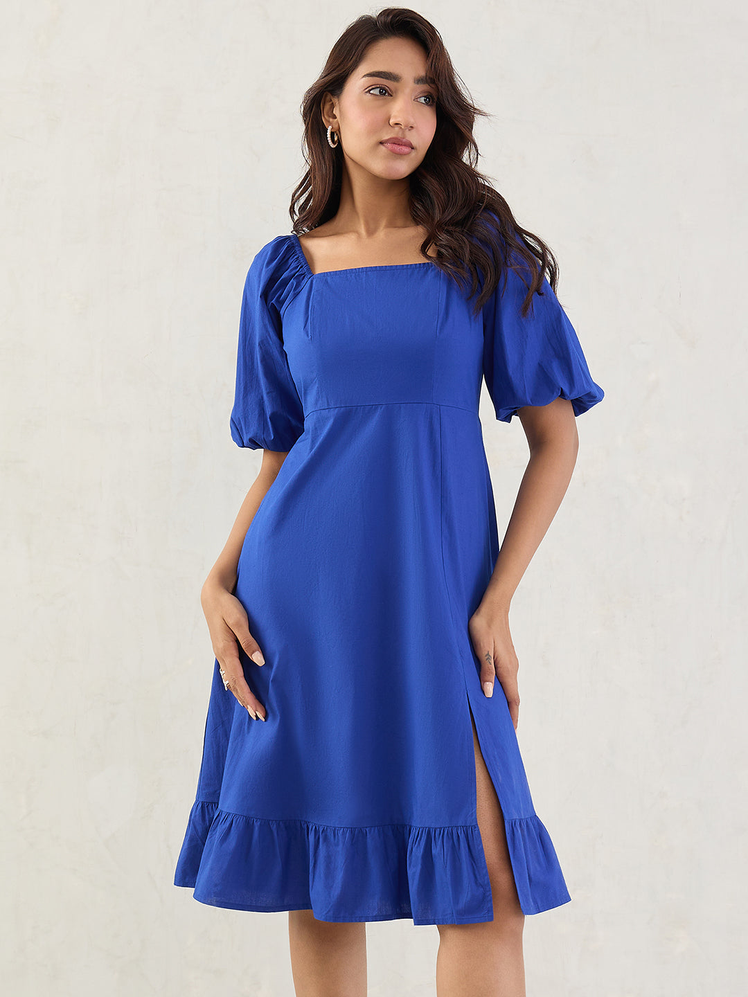 Royal Blue Poplin Square Neck Midi Dress