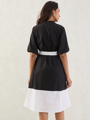 Black Colorblock Button Down Midi Dress