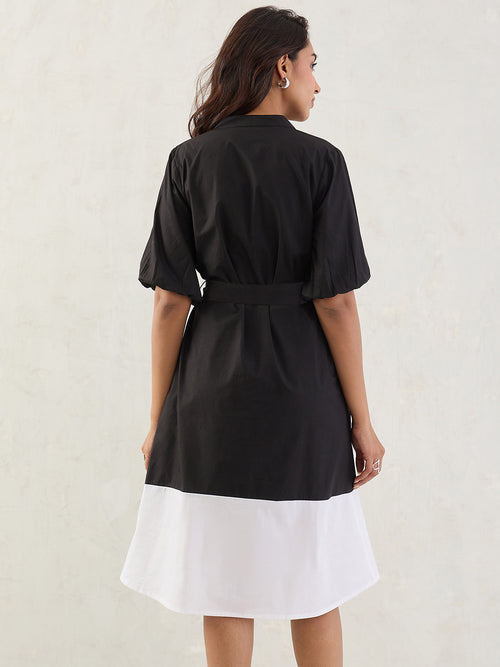 Black Colorblock Button Down Midi Dress