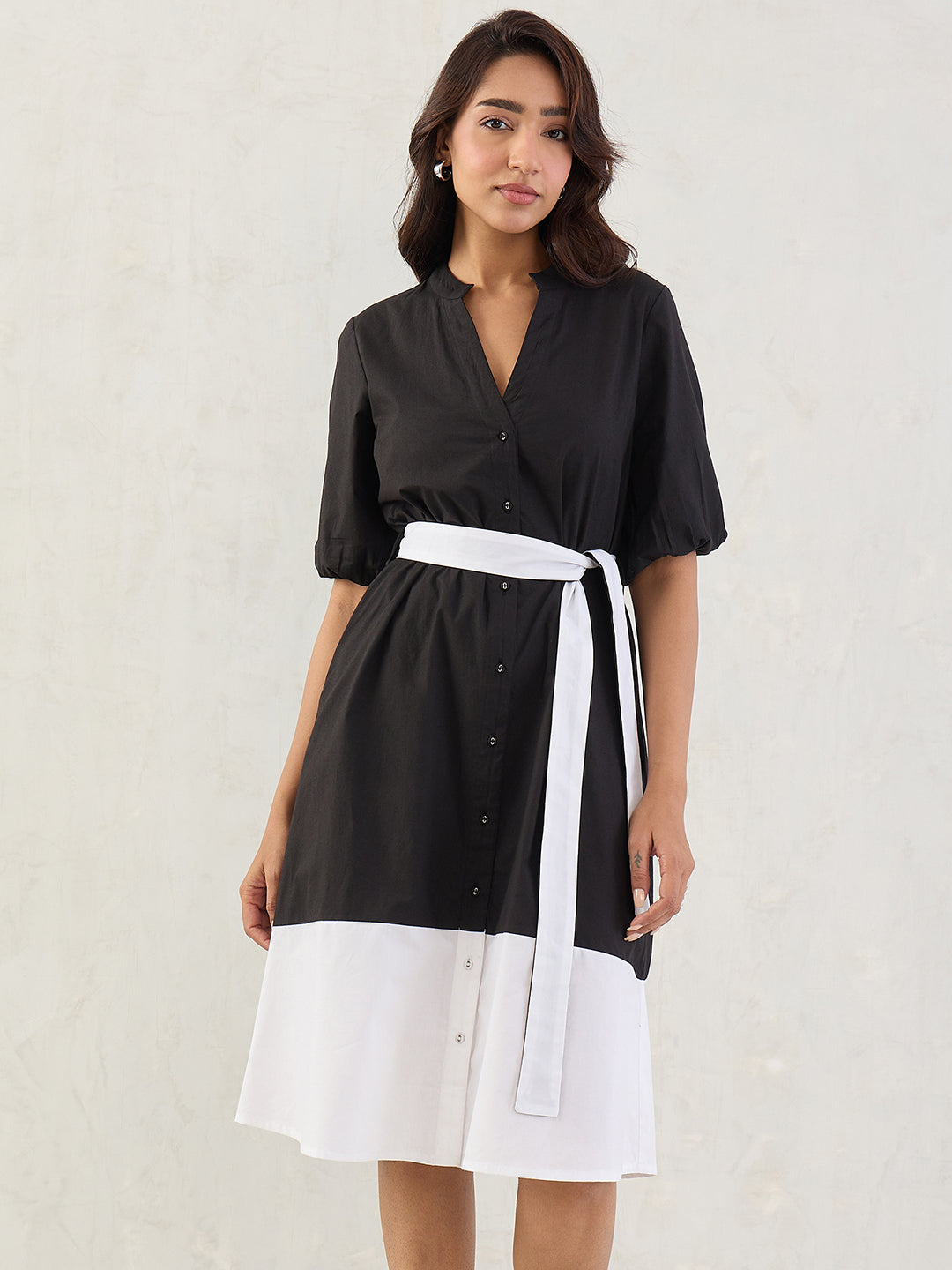 Black Colorblock Button Down Midi Dress