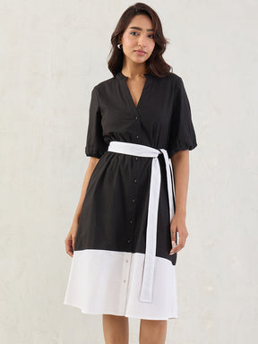 Black Colorblock Button Down Midi Dress