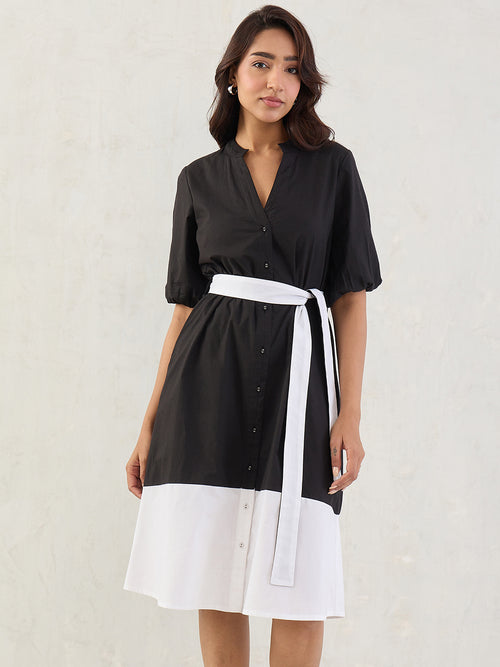 Black Colorblock Button Down Midi Dress
