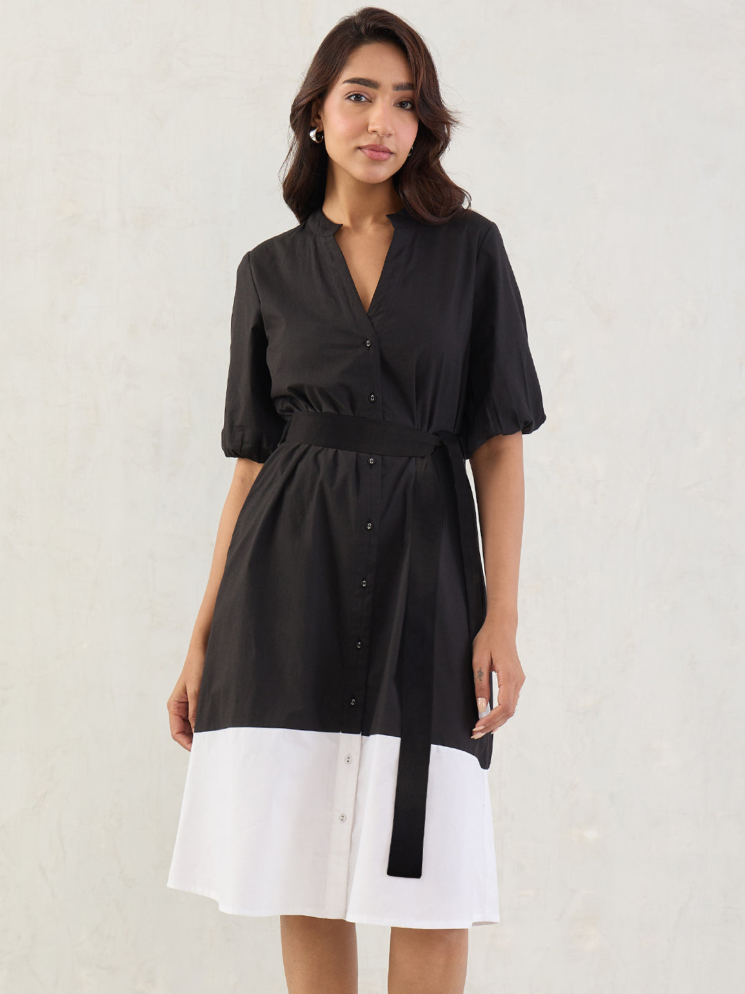 Black Colorblock Button Down Midi Dress
