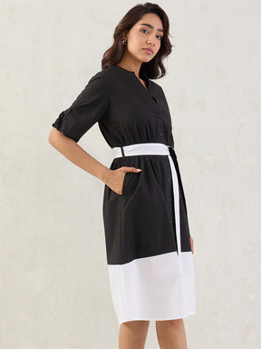 Black Colorblock Button Down Midi Dress