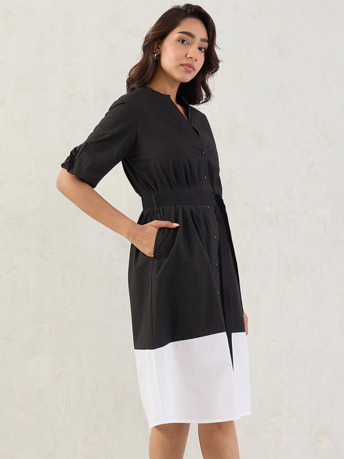 Black Colorblock Button Down Midi Dress