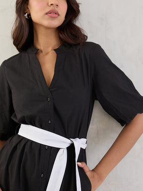 Black Colorblock Button Down Midi Dress