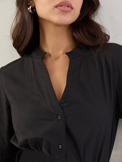 Black Colorblock Button Down Midi Dress