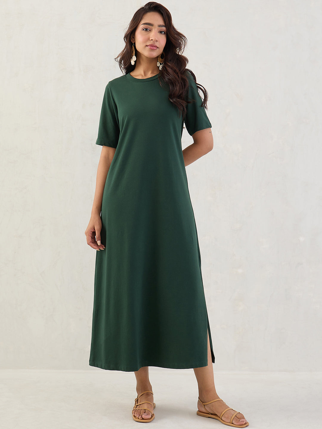 Forest Green Cotton Knit Slit Maxi Dress