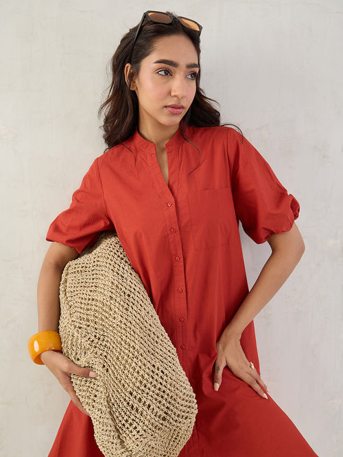 Rust Poplin Button Down Knee Length Dress