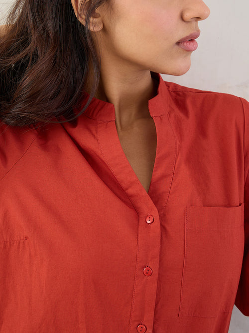 Rust Poplin Button Down Knee Length Dress