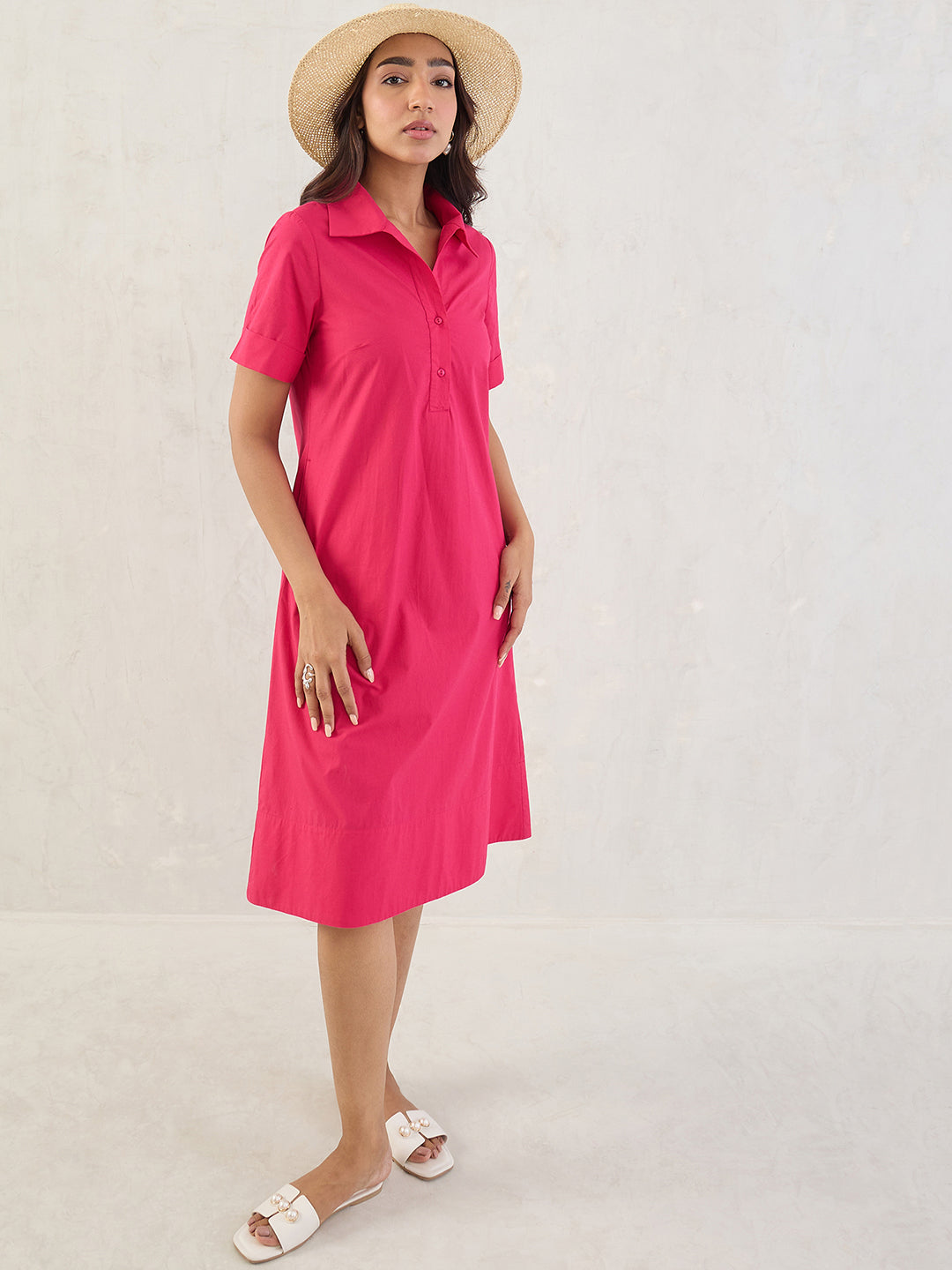 Pink Poplin Midi Dress