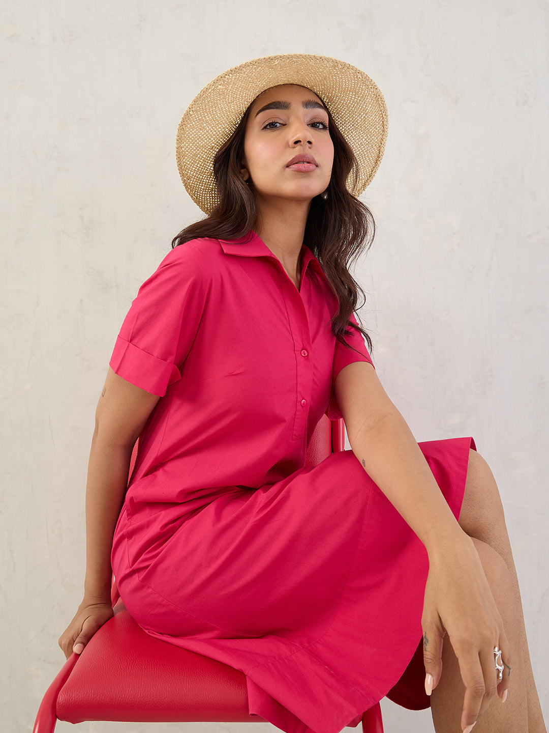 Pink Poplin Midi Dress