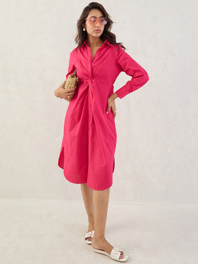 Pink Poplin Knot Detail Midi Dress