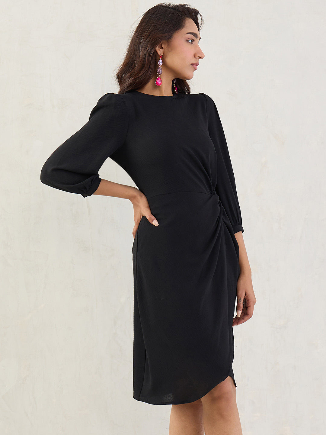 Black Knotted Knee Length Dress