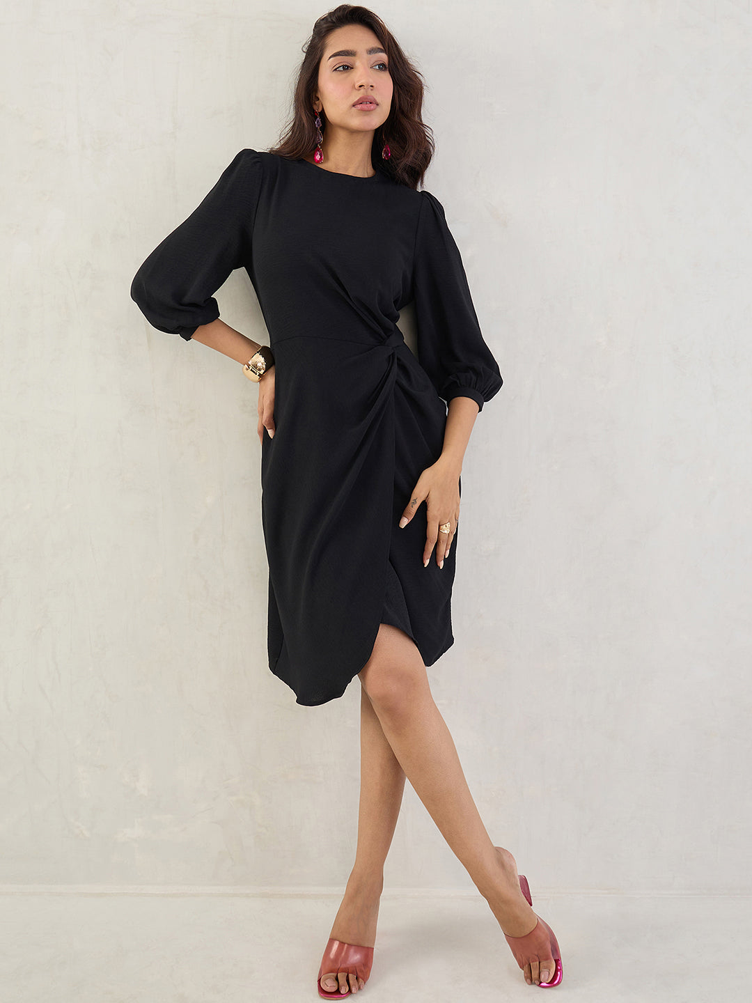 Black Knotted Knee Length Dress