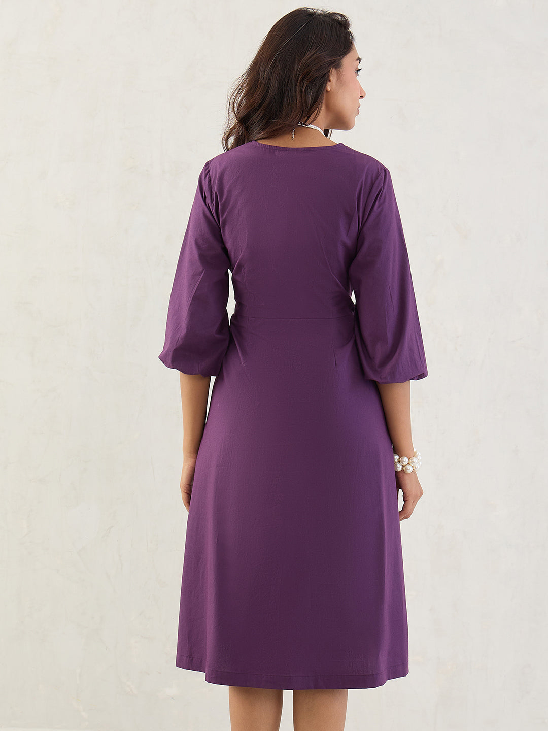 Deep Purple Poplin V-Neck Midi Dress