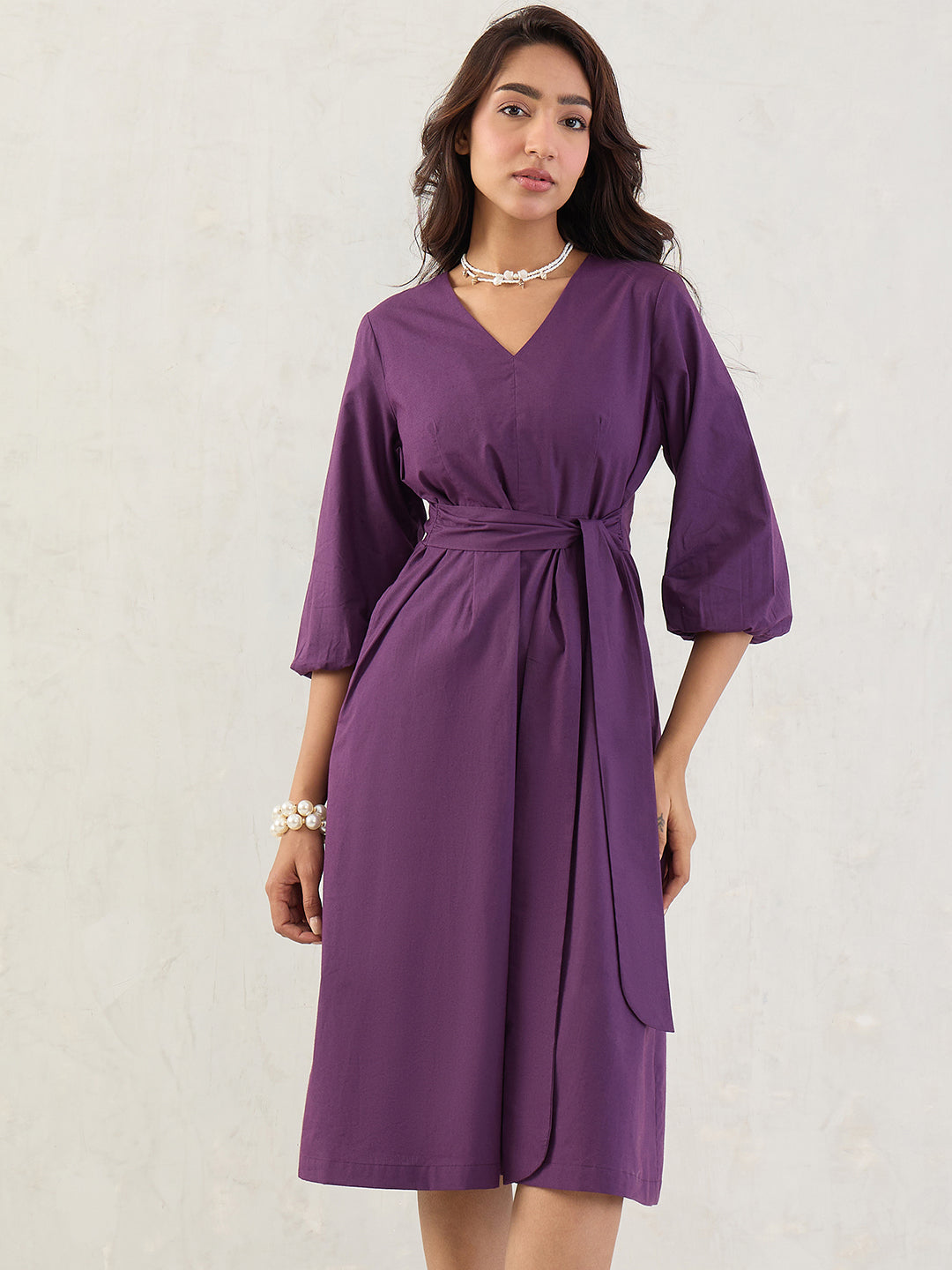 Deep Purple Poplin V-Neck Midi Dress