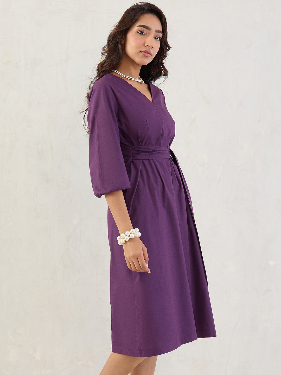Deep Purple Poplin V-Neck Midi Dress
