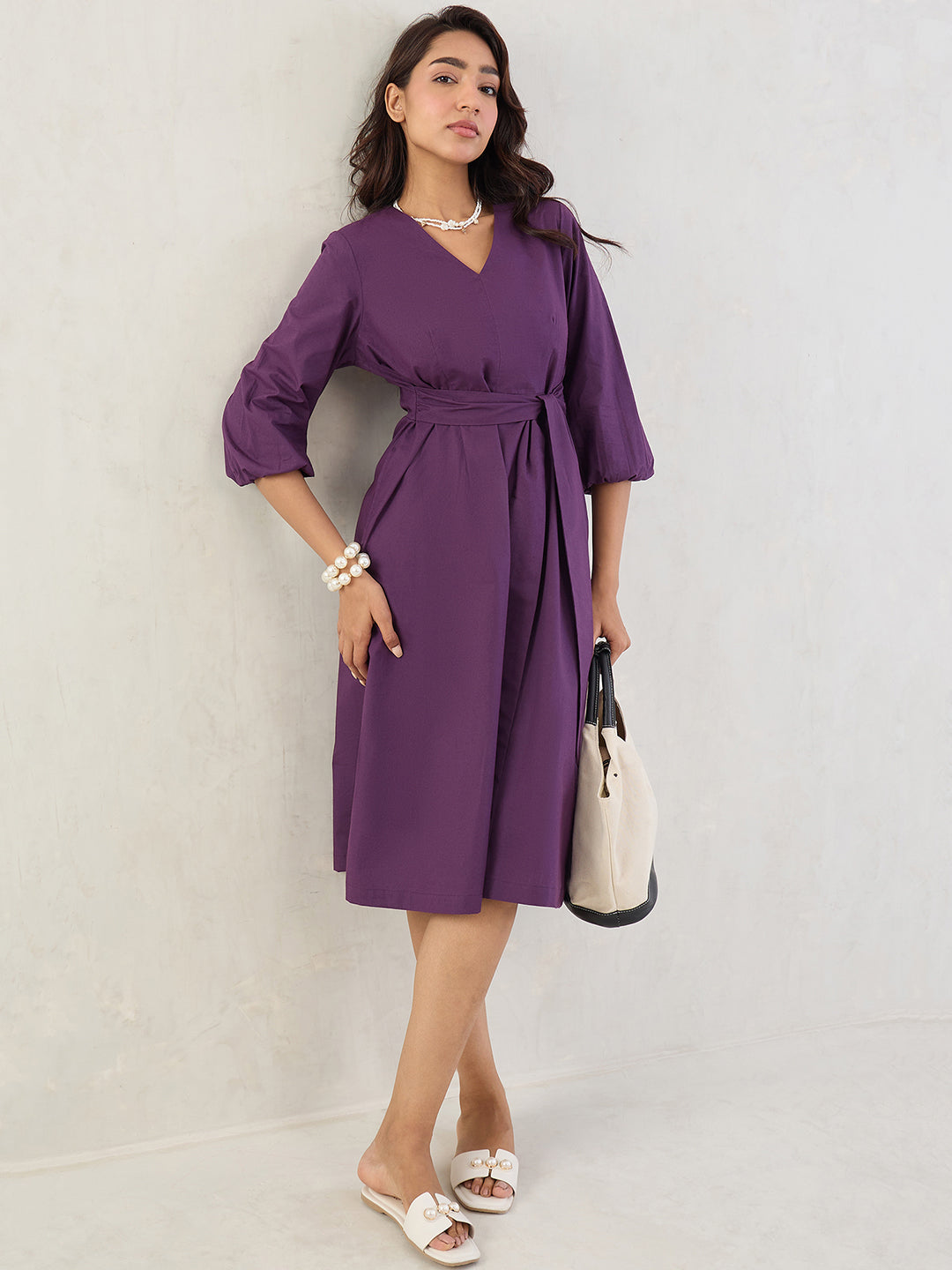 Deep Purple Poplin V-Neck Midi Dress