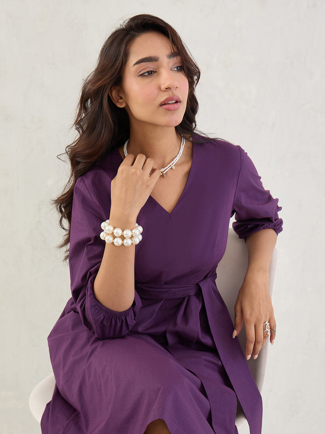 Deep Purple Poplin V-Neck Midi Dress