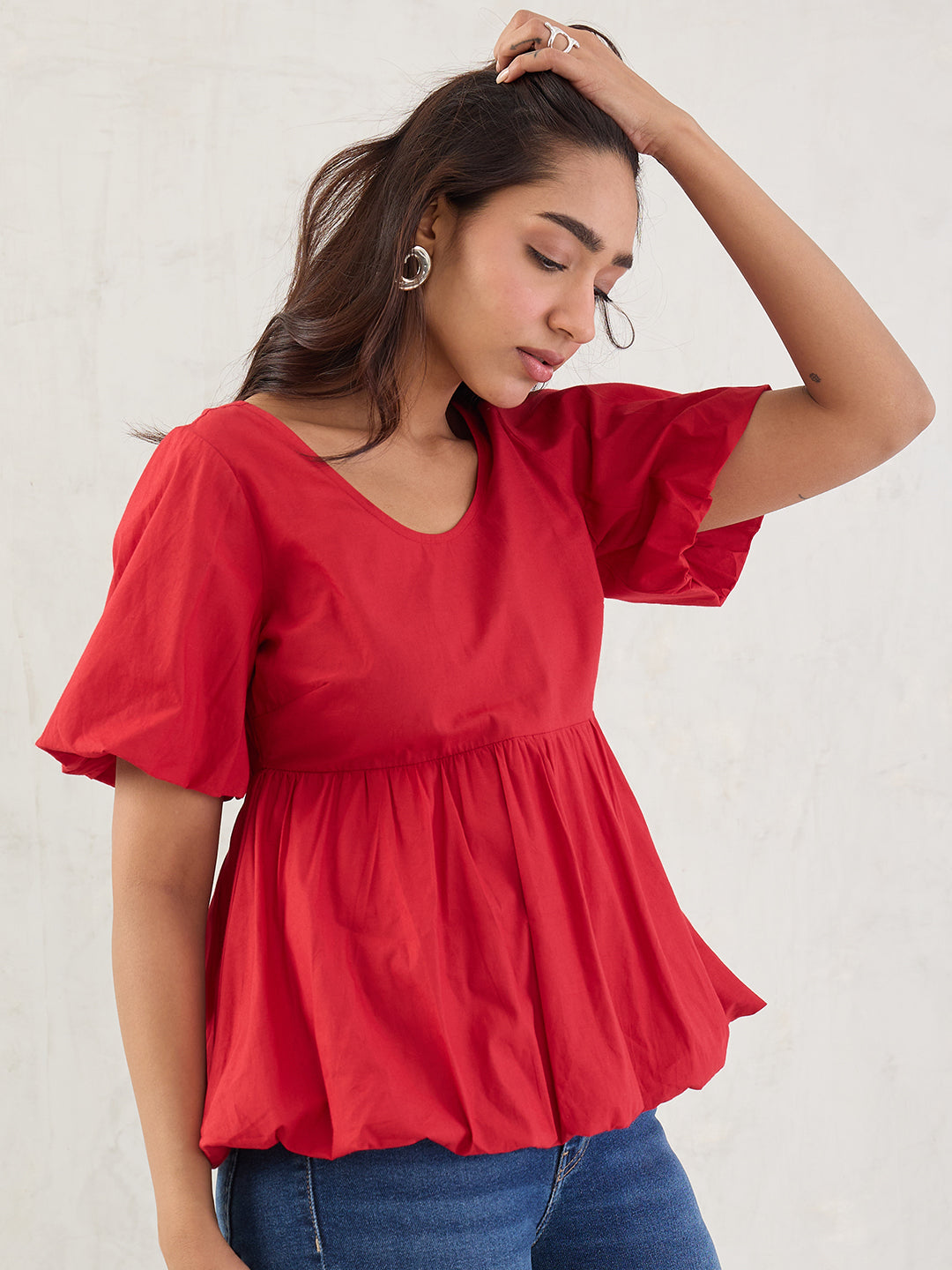 Red Poplin Bubble Hem Top