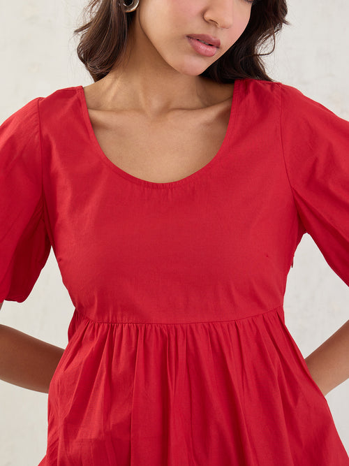 Red Poplin Bubble Hem Top