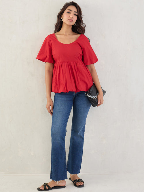 Red Poplin Bubble Hem Top