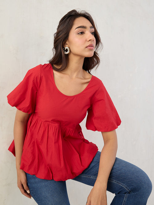 Red Poplin Bubble Hem Top