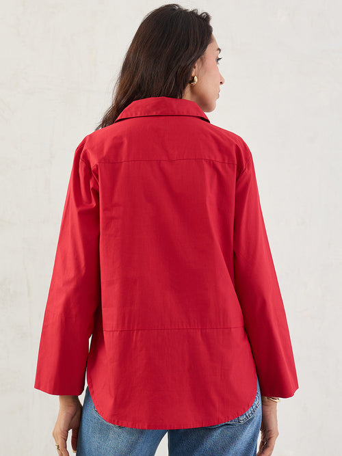 Red Poplin Button Down Shirt